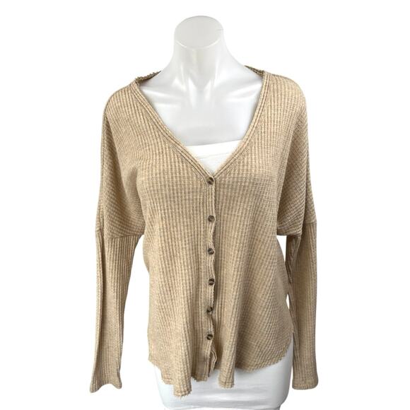 Urban Outfitters Out From Under Tan Waffle Knit Button Up Cardigan Sweater Top M - Picture 1 of 4